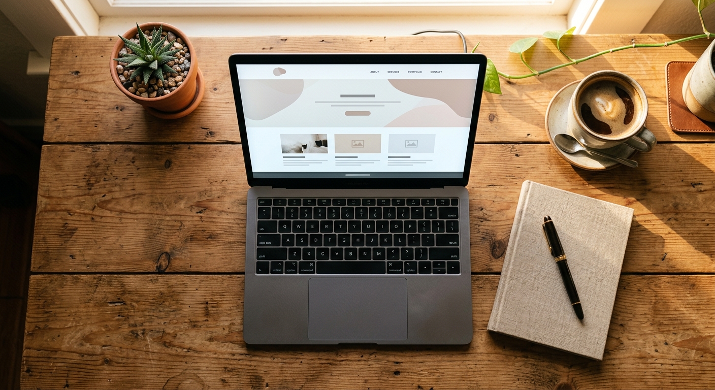 Laptop ouvert sur un bureau en bois avec un site web professionnel, tasse de café à côté