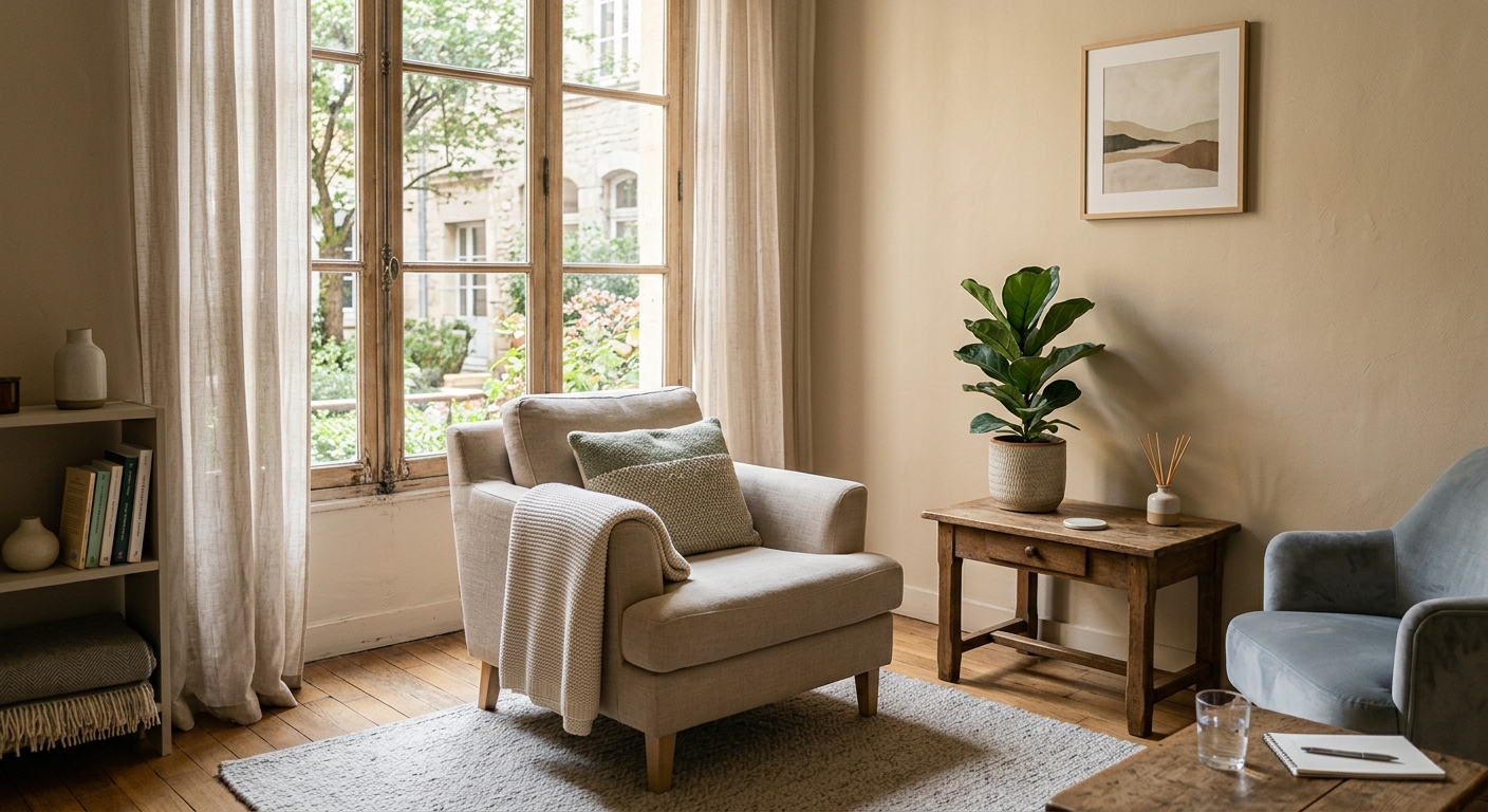 Cabinet de thérapeute calme et lumineux, atmosphère sereine
